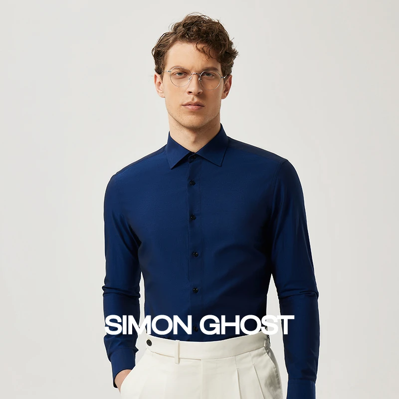 SIMON GHOST男士衬衫商务藏青色斜纹纯棉衬衣休闲衬衫
