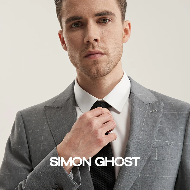 SIMON GHOST 西服套装男纯羊毛意大利面料浅灰色戗驳领格纹西装男