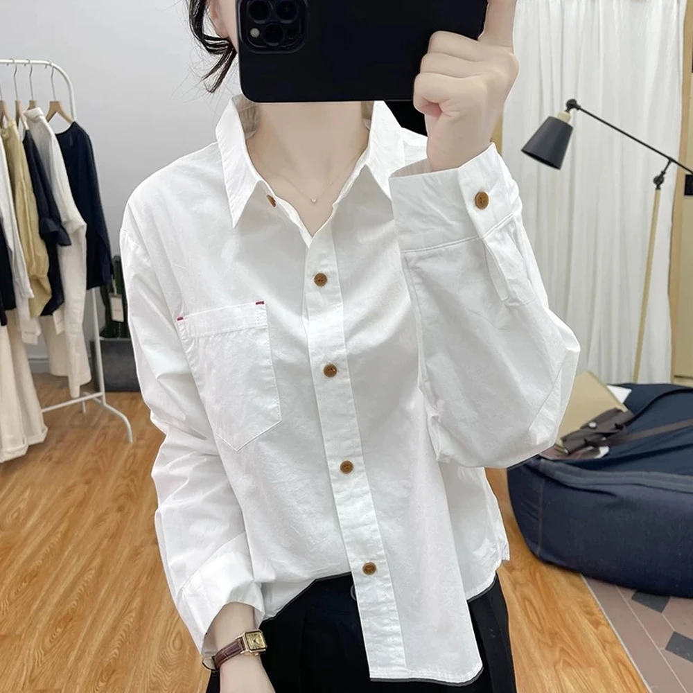 秋装文艺复古纯棉polo领长袖衬衫女通勤上衣春秋新款工装宽松衬衣