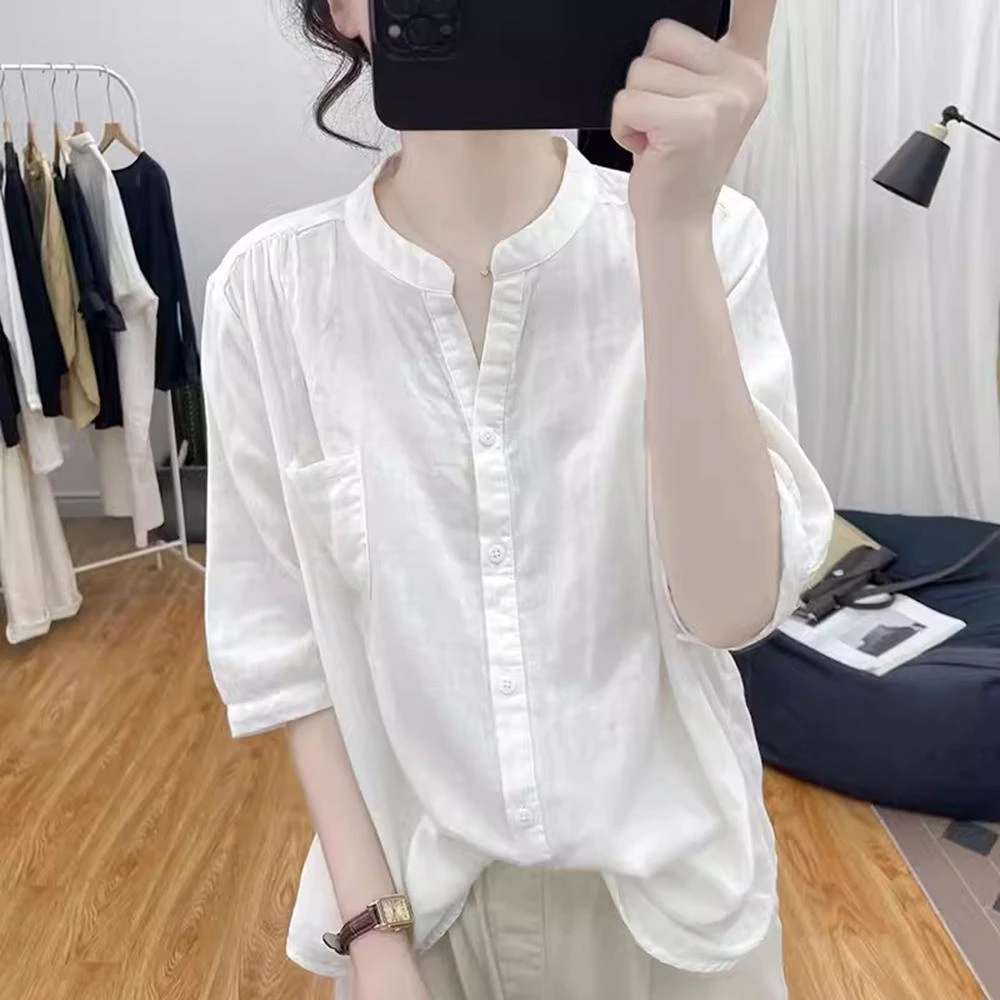 港味复古设计感V领纯棉短袖衬衫女夏装百搭上衣新款宽松薄款衬衣