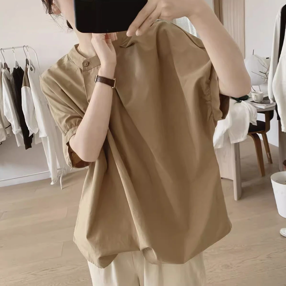 不规则复古小清新短袖别致上衣夏季新款时尚褶皱圆领简约纯棉衬衫