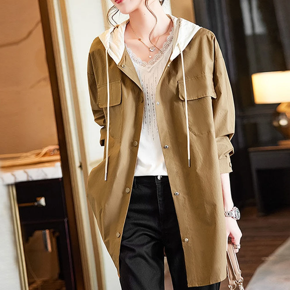 纯棉拼色连帽风衣外套女春秋新款时尚设计感单排扣洋气衬衫上衣