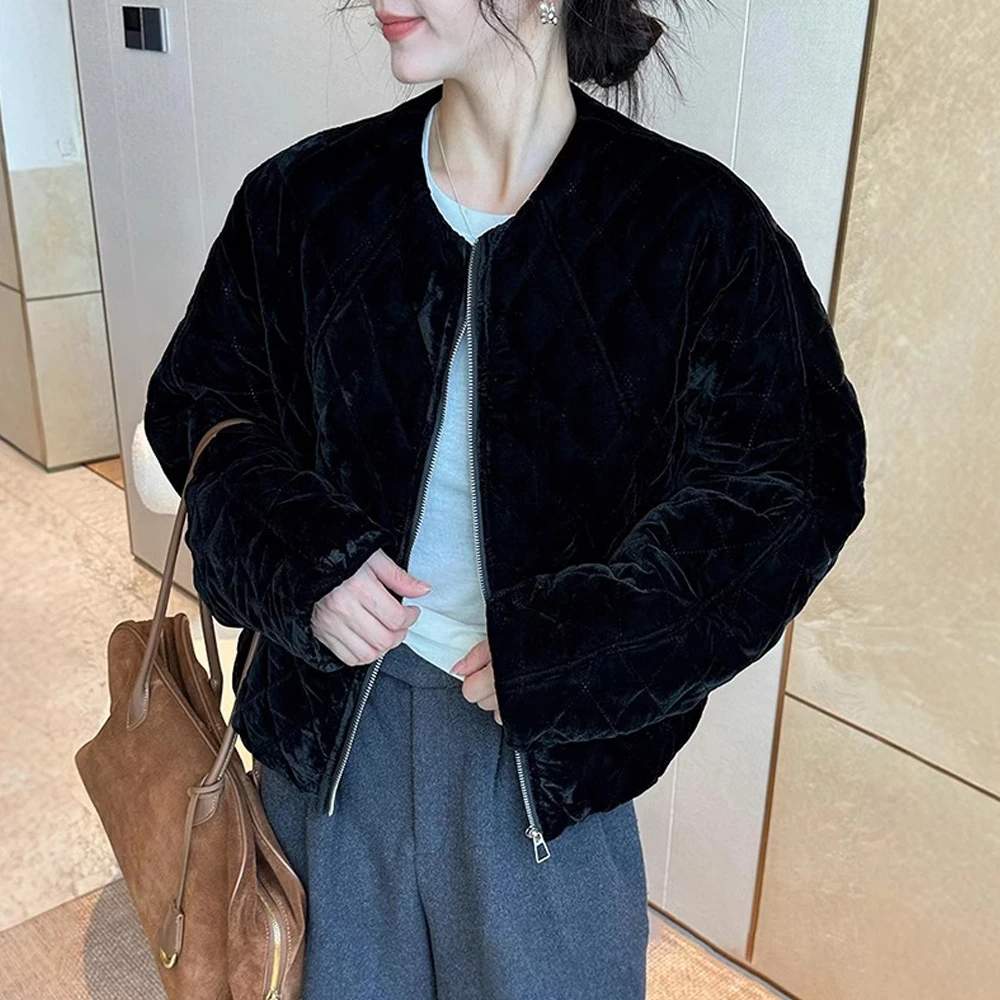 韩系短款棉服丝绒棉衣外套女2025新款冬季小个子菱形格棉袄上衣潮