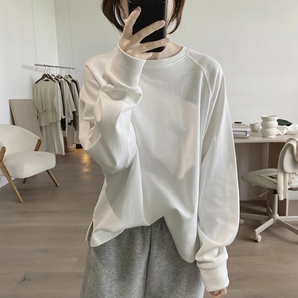 棉质卫衣女春秋新款宽松显瘦简约韩版圆领长袖减龄插肩袖T恤上衣