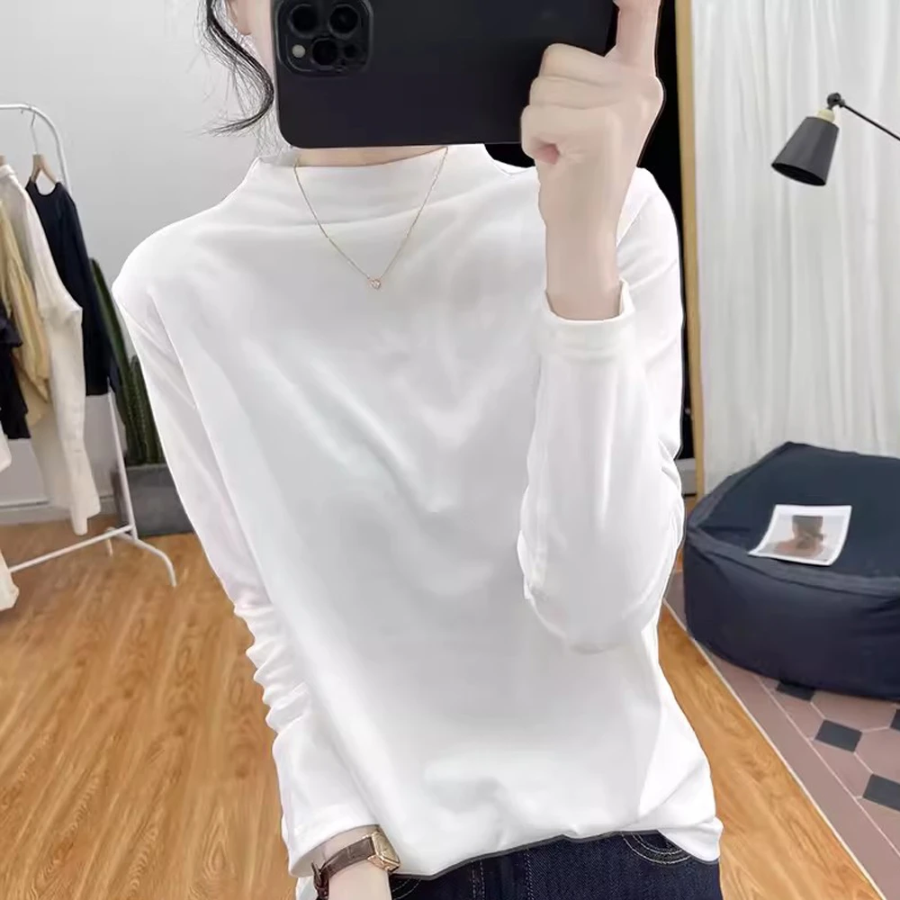 半高领打底衫女螺纹奥代尔棉长袖T恤春秋冬新款修身显瘦上衣体恤