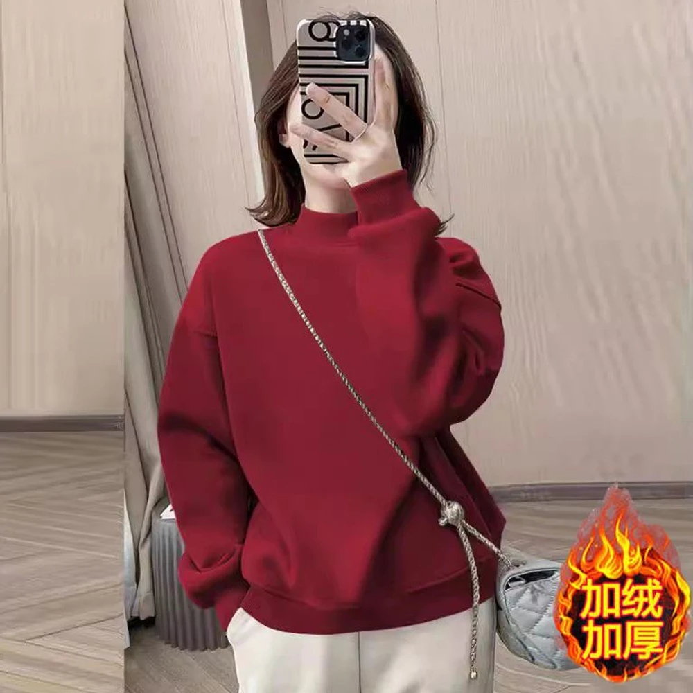 安哥拉红半高领卫衣女秋冬新款加绒棉质休闲百搭宽松显瘦套头上衣
