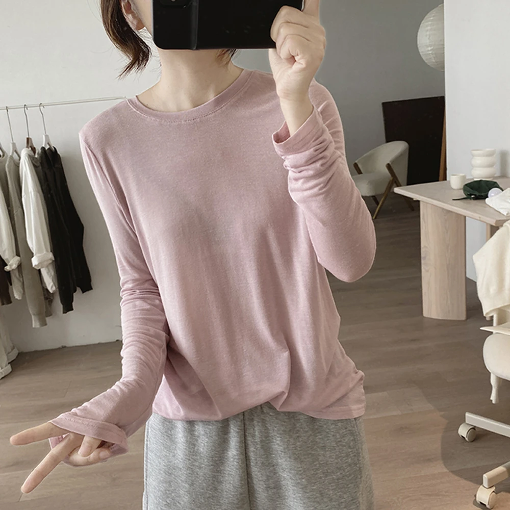 圆领t恤女式早秋季新款韩版简约长袖基础款棉质打底衫显瘦上衣