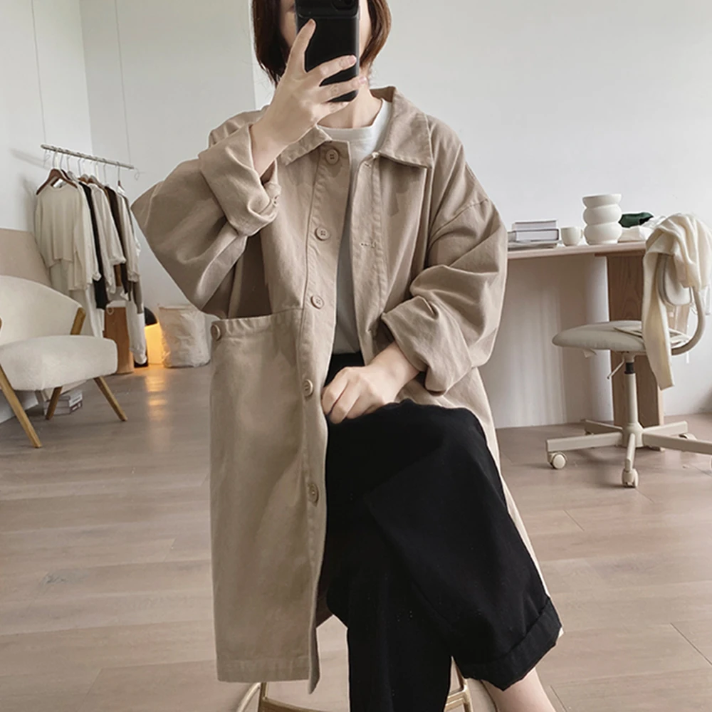 棉质外套女式春秋季新款宽松大码显瘦中长款简约口袋工装长袖风衣