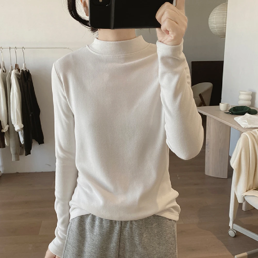 春秋新款时尚拼接打底衫减龄纯色半高领长袖德绒修身简约显瘦T恤