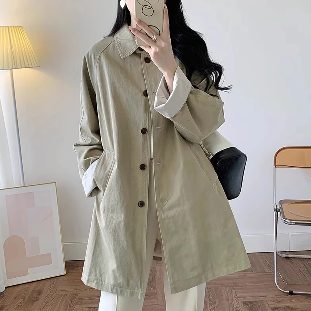 法式复古气质宽松纯色中长款风衣外套女春秋新款纯棉插肩袖上衣潮