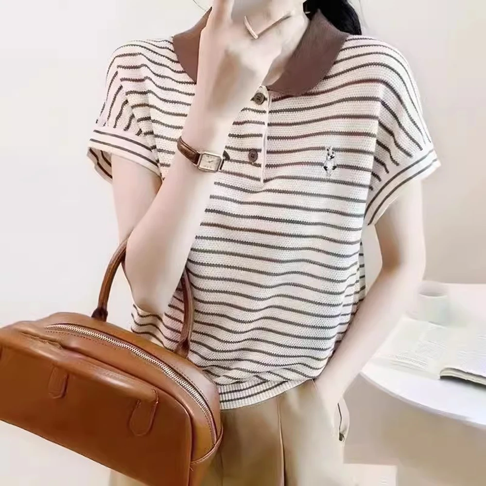 休闲Polo衫小兔刺绣短袖条纹针织冰丝t恤女夏季新款今年流行上衣