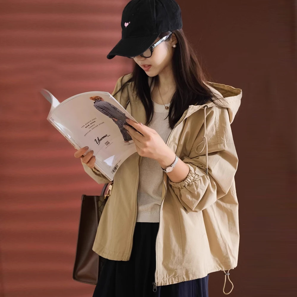 复古时尚减龄净色连帽风衣外套女春秋新款宽松简约纯棉开衫上衣潮