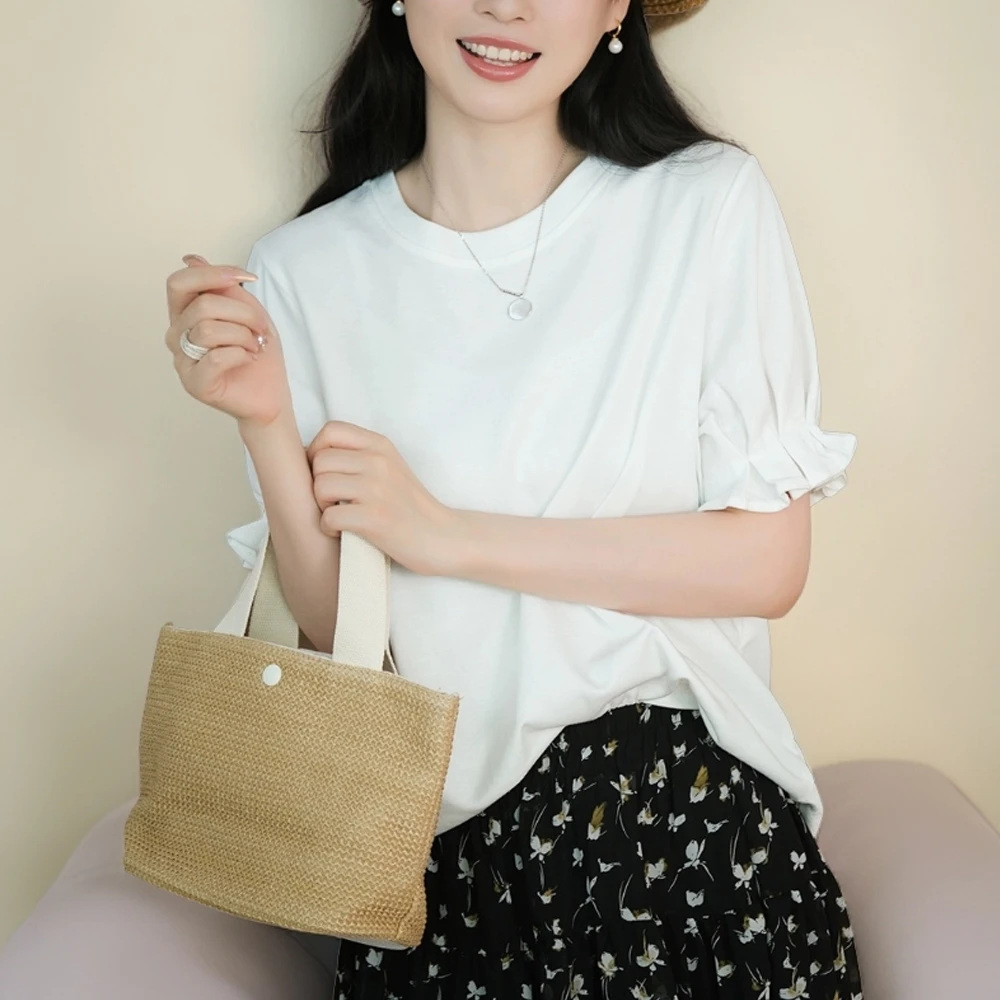 夏季新款高级设计感小众花苞泡泡袖t恤女短袖宽松纯棉打底衫上衣