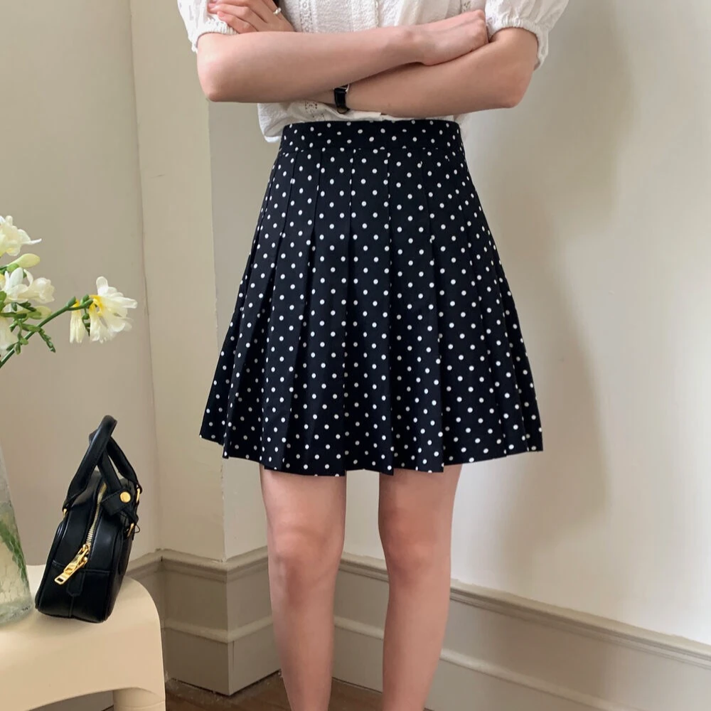 大码胖mm法式气质黑色波点百褶裙女夏季高腰显瘦防走光a字半身裙