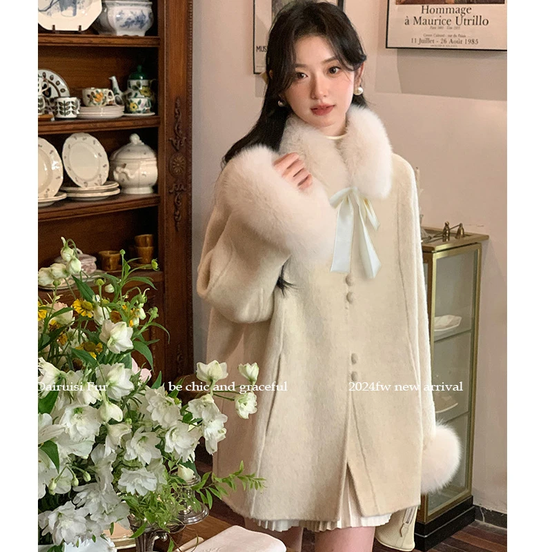 【24193短款】可拆卸毛毛领蝴蝶结毛呢外套女