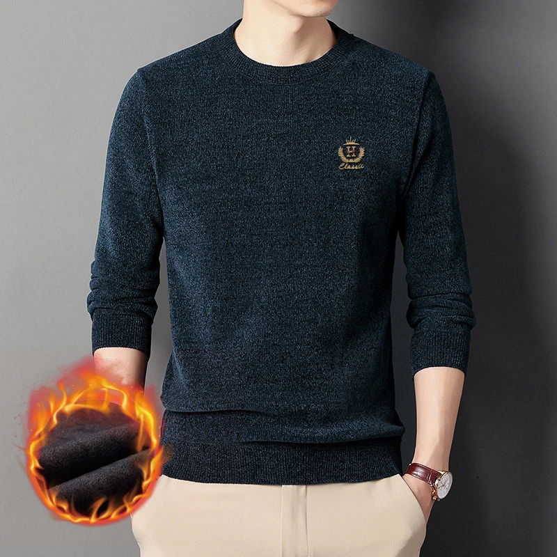 冬季加绒加厚毛衣宽松保暖男士雪尼尔针织衫潮流打底衫冬装上衣浮