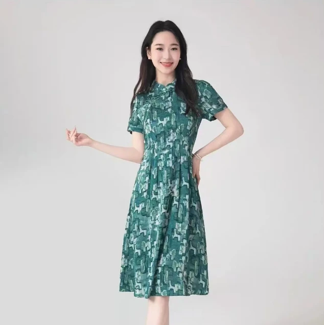 T035图案计款春秋季新款印花国风复古气质女士裙新女装显瘦时尚