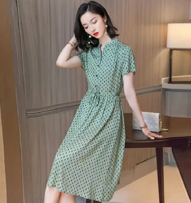 T022 春秋季新款印花国风复古气质女士裙女装连衣裙显瘦蓝色休闲