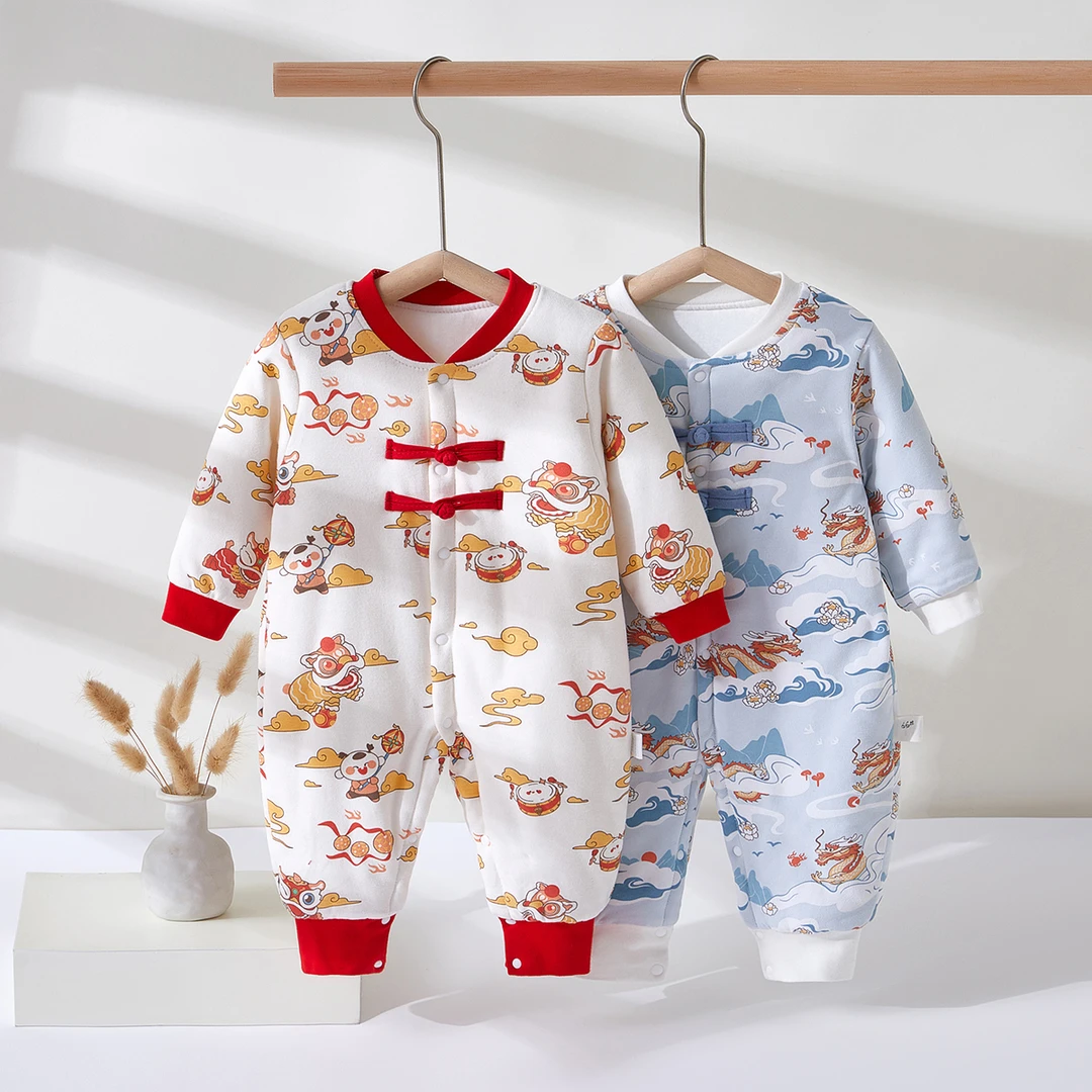 新生婴儿衣服秋冬季连体衣宝宝红色拜年新年装满月棉服过年喜庆装