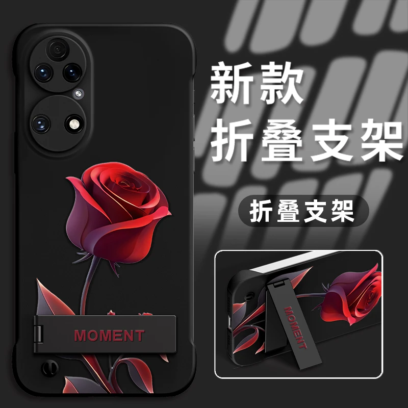 适用于华为p50手机壳新款PC无边框唯美红玫瑰防摔保护套爆款