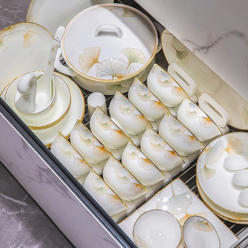 景德镇洛威轻奢家庭用碗盘餐具简约陶瓷米饭碗高颜值描金碗盘套装