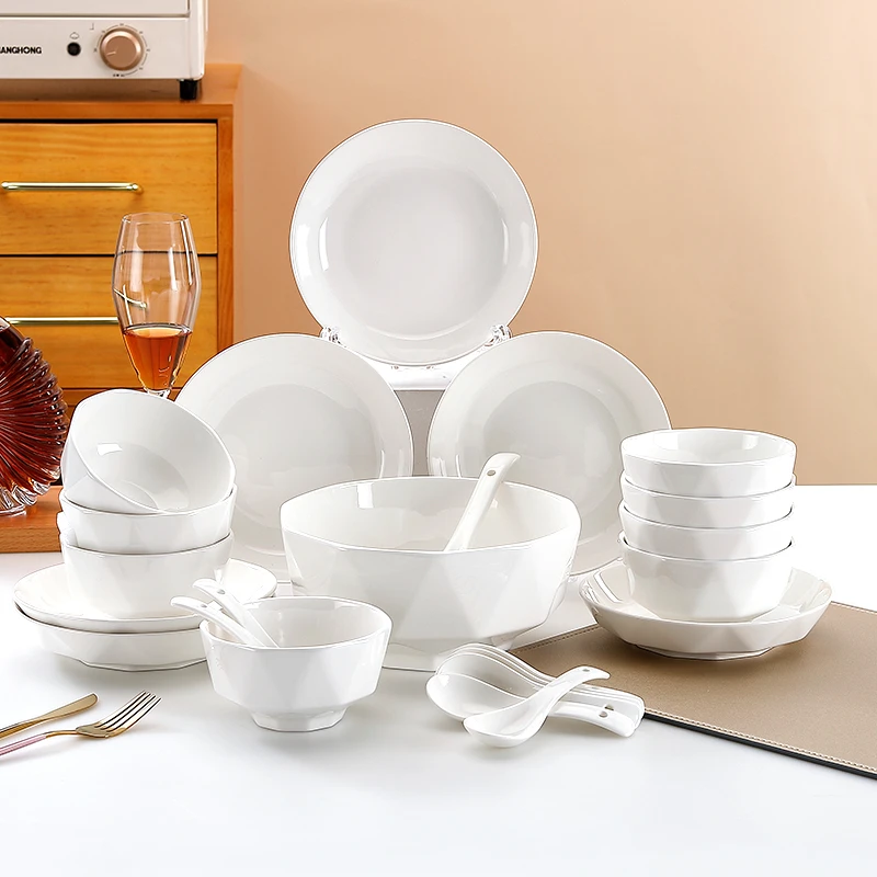 【洛威】44件套钻石洁白无瑕家用陶瓷简约纯白中式家用盘子