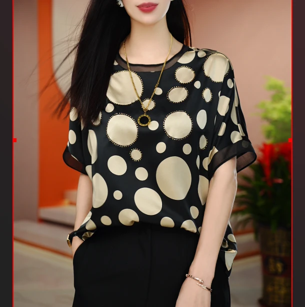 【琳雁原创】2025新款时尚气质夏季显瘦百搭圆领波点短袖DX0285