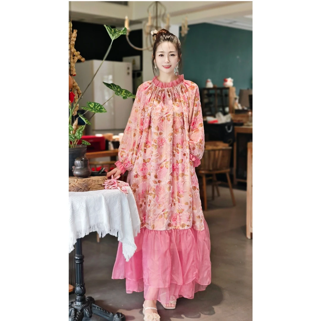 6609彬壹冉设计师秋冬轻奢高端气质真丝丝绒拼接长款夏季连衣裙