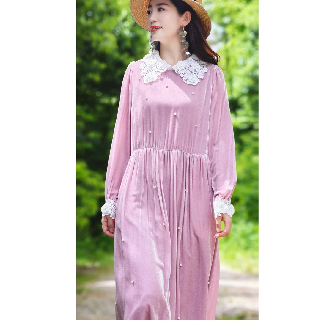 设计师秋冬新款时尚气质高雅大气真丝丝绒钉珠长款连衣裙 星空