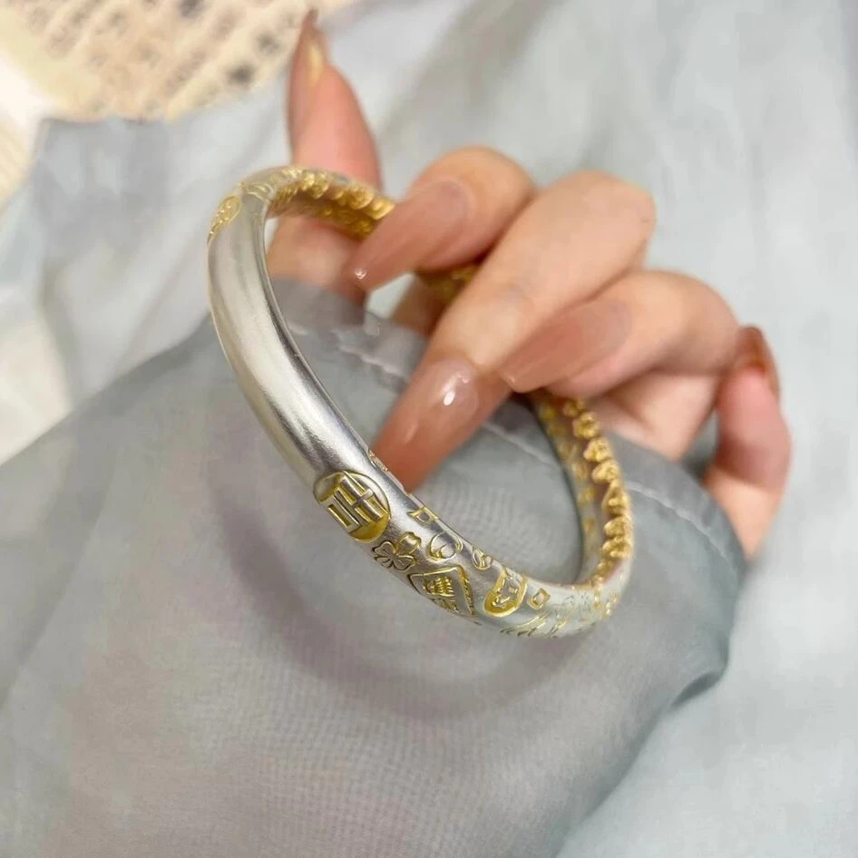 足银手镯 999.9 【08】60g 时尚古法吉言描金招财猫国风百搭手镯