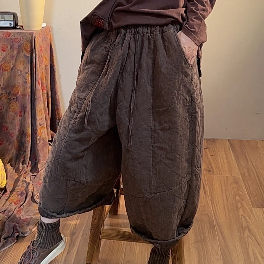 【麻黛儿】拼接亚麻炒色夹棉休闲裤（长82臀围126）