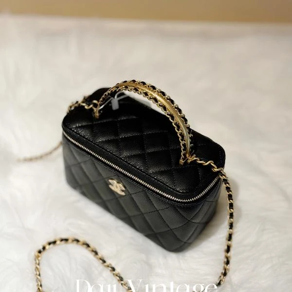 大吉中古/Chanel香奈儿24A黑金logo手柄牛皮盒子斜挎包