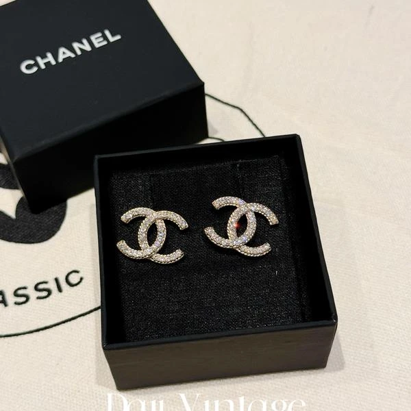大吉中古/chanel香奈儿金色双c大logo水钻耳钉