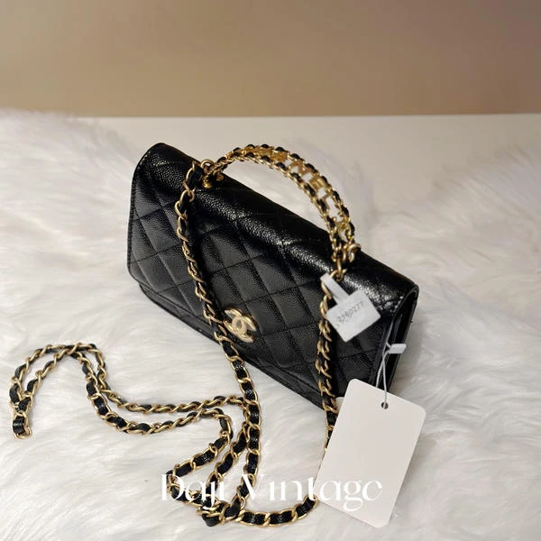 大吉中古/Chanel香奈儿黑金牛皮皮穿链logo手柄woc斜挎包