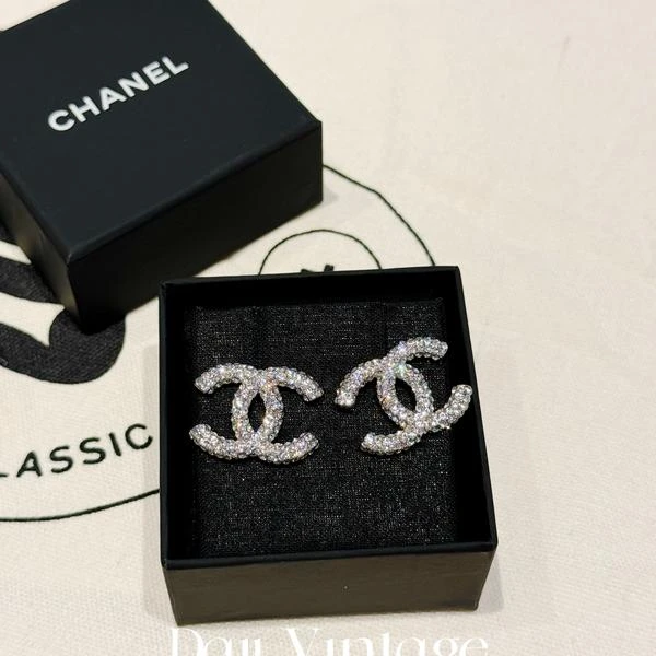 大吉中古/chanel香奈儿大logo双c满钻银色耳钉
