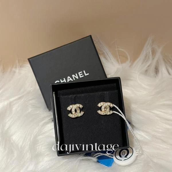 大吉中古/Chanel香奈儿淡金双c水钻珍珠交织耳钉