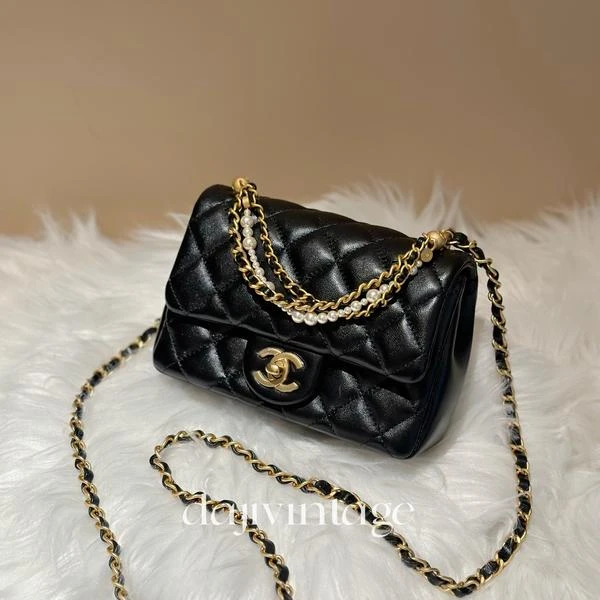大吉中古/CHANEL香奈儿24A黑金珍珠链条手提方胖斜挎包