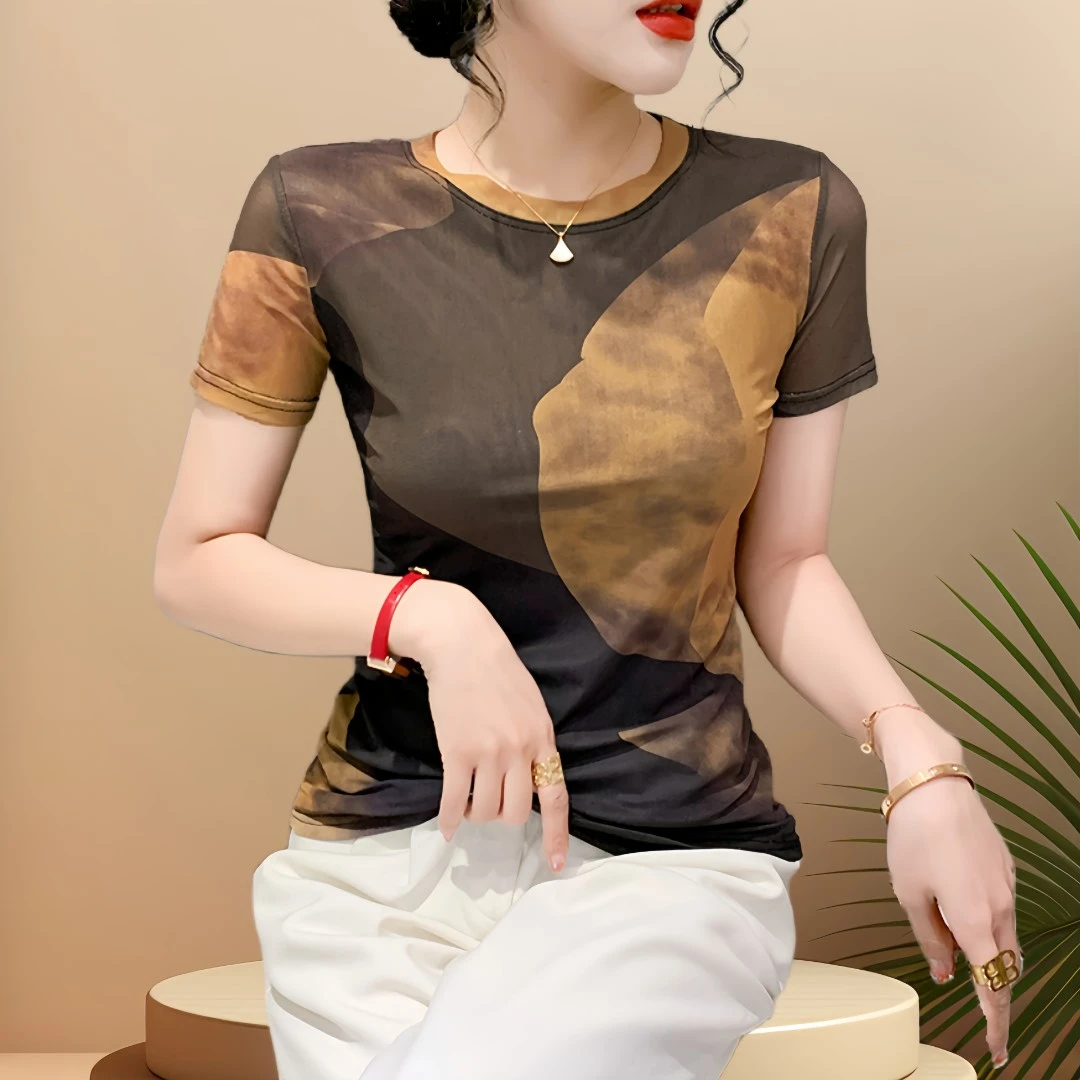 时尚潮流夏季新款高端气质网纱短袖上衣女中年妈妈装显瘦洋气小衫