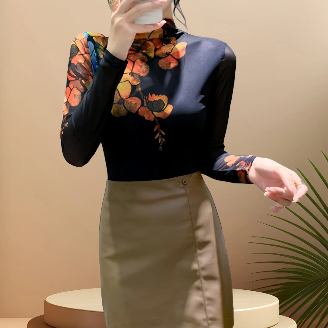 高档次国潮中国风女装网纱上衣秋冬季时髦洋气打底衫新款2023爆款