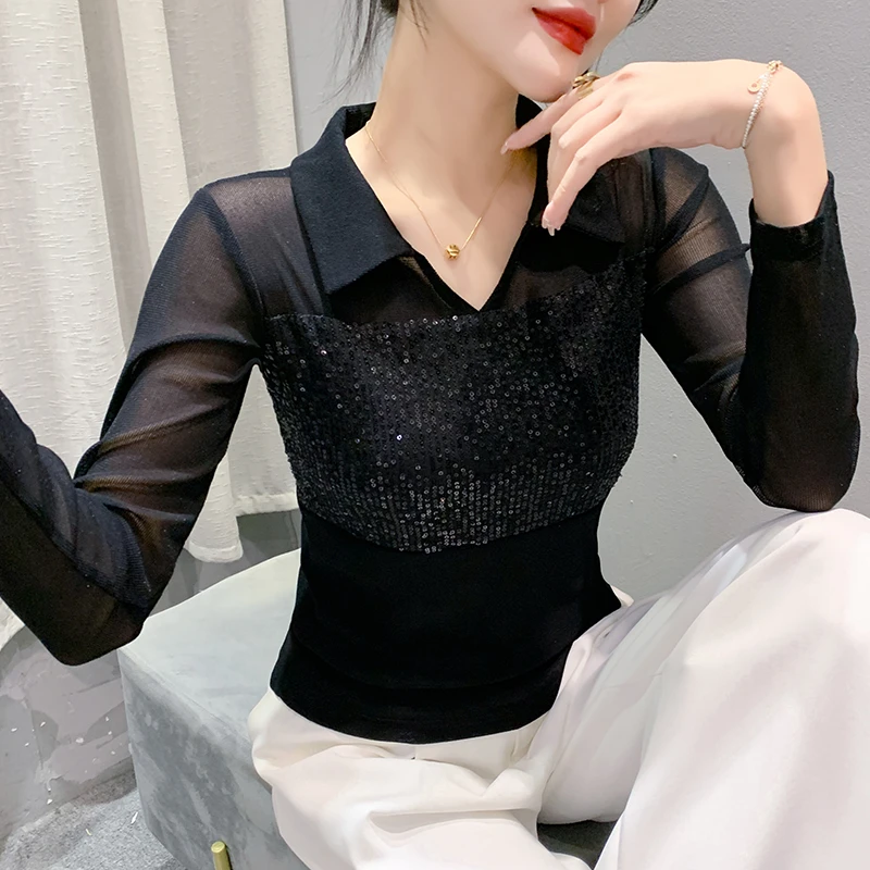 高贵上档次打底衫女2024年春季新款网纱亮片上衣时髦洋气t恤纱衣