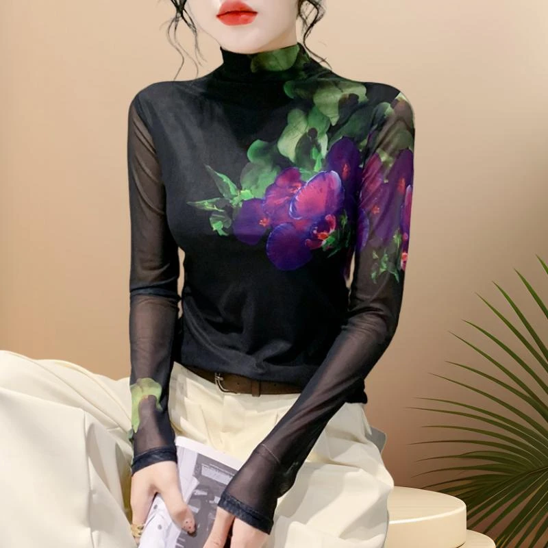 高档次中国风打底衫2024年新款网纱半高领内搭女时尚洋气短款上衣