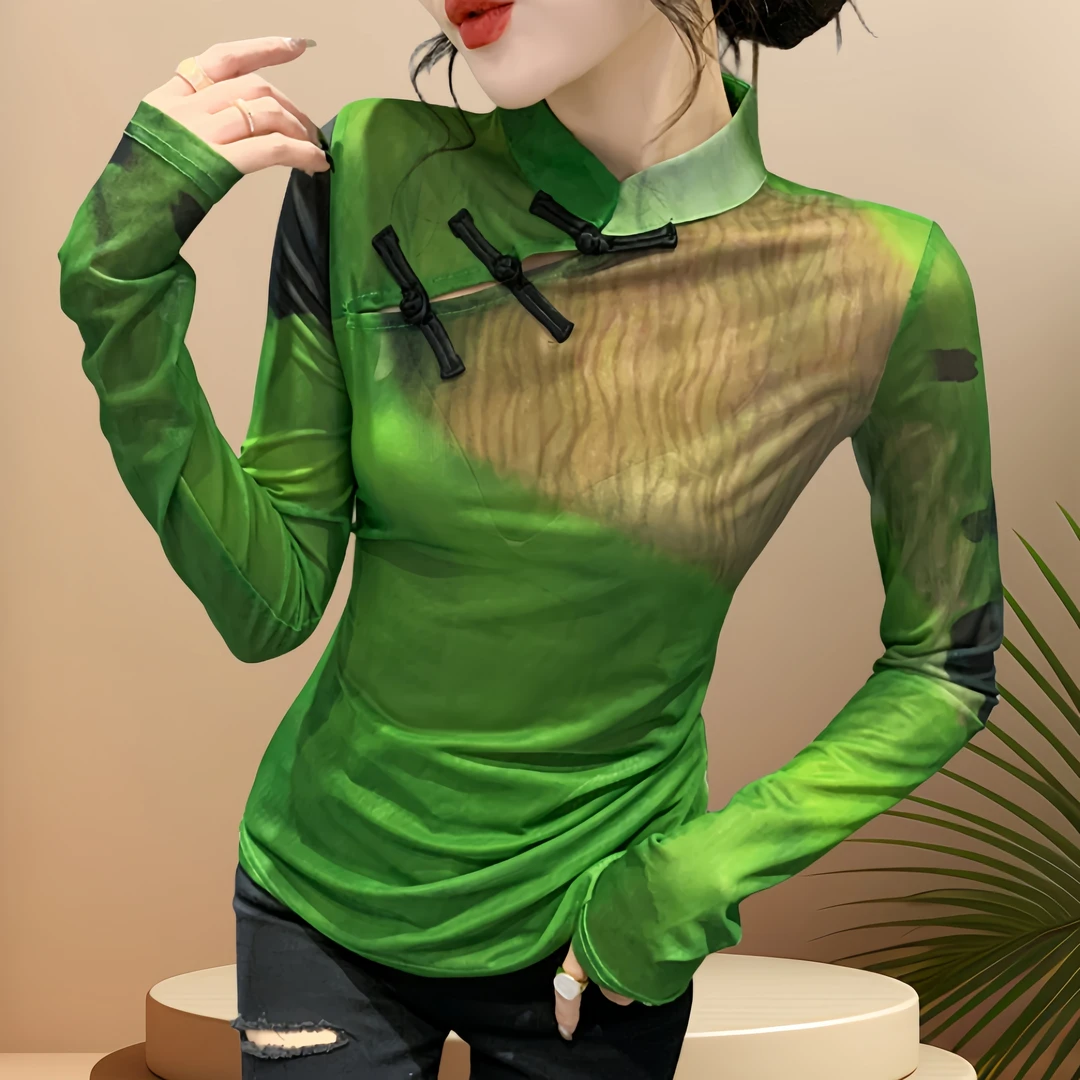 时髦洋气国潮中国风女装网纱盘扣上衣秋冬新款高级轻奢打底衫内搭