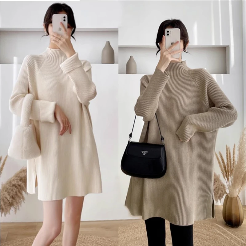 孕妇中长款毛衣秋冬装孕期韩版宽松半高领软糯内搭打底针织衫冬季