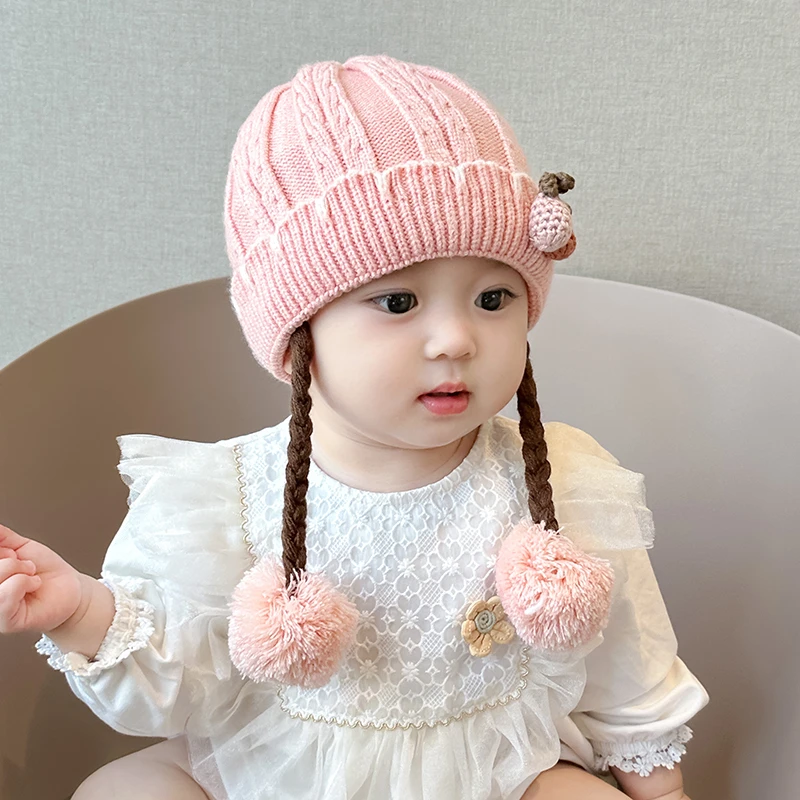 婴儿帽子秋冬保暖护耳女宝宝辫子帽儿童毛线针织公主包头帽小月龄
