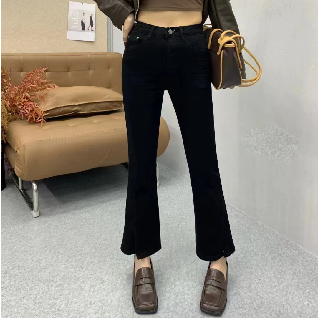 秋季修身显瘦中高腰时尚黑色休闲开叉微喇叭弹力女装牛仔裤