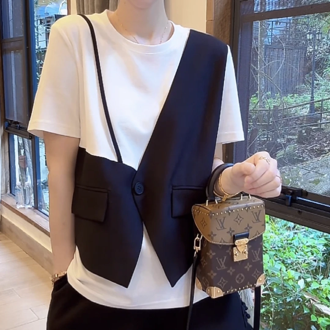 设计感小众t恤女2025夏季大码短袖胖mm高级感时尚潮流拼接假两件