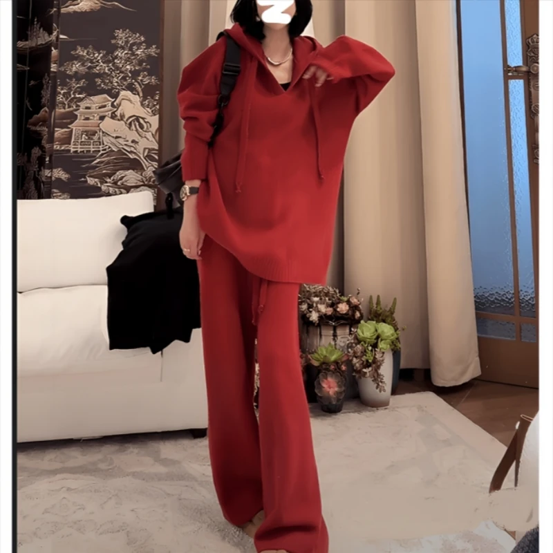 蜂窝针织连帽套装2025秋季大码胖MM韩版百搭套头长袖舒适感两件套