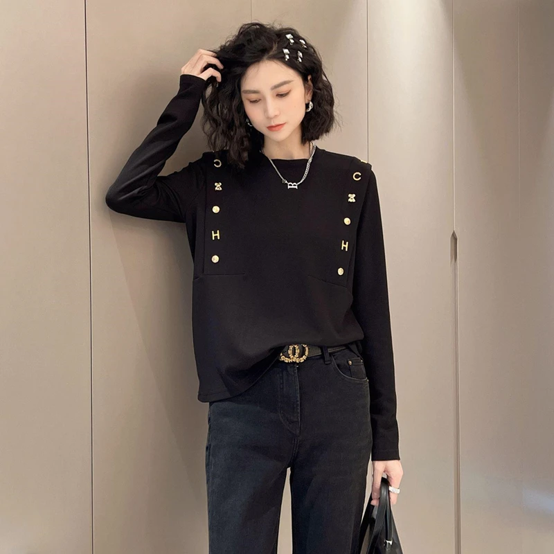 设计感正肩圆领卫衣女2025秋季大码胖mm显瘦减龄遮肉长袖时尚上衣