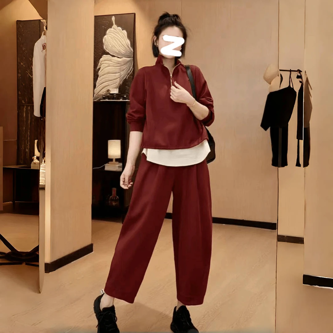 时尚洋气运动套装2025秋大码胖MM独特气质半拉链套头卫衣两件套