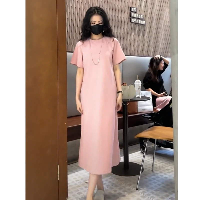 显瘦小众休闲短袖圆领针织裙2025夏季新款大码mm洋气减龄连衣裙